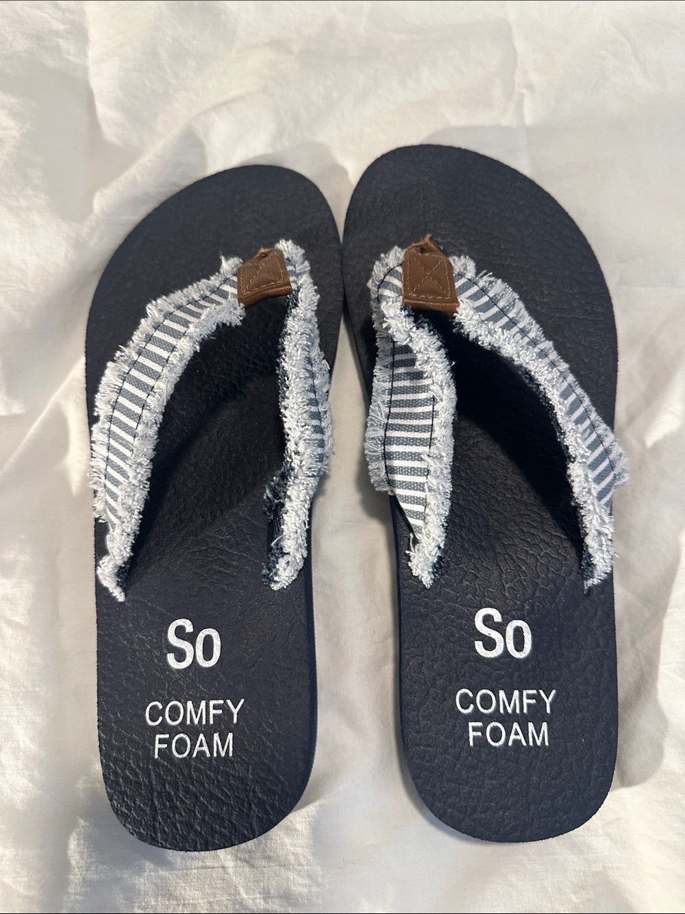 SO Navy Blue Foam Flip Flops with Striped Gray-White Frayed Straps